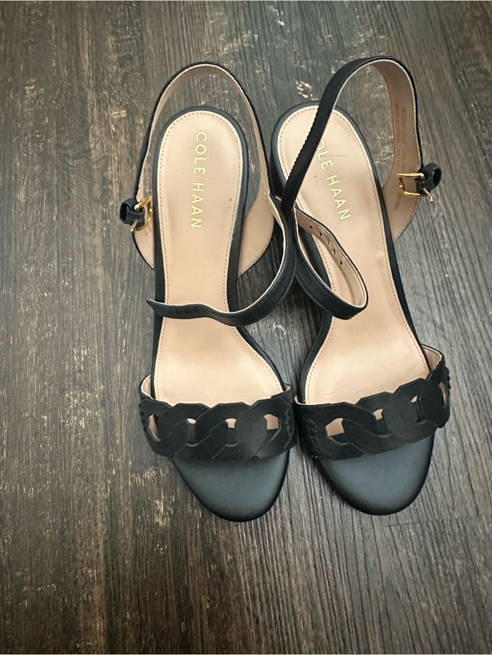 Cole Haan Black Leather Chain-Link Ankle Strap Sandals